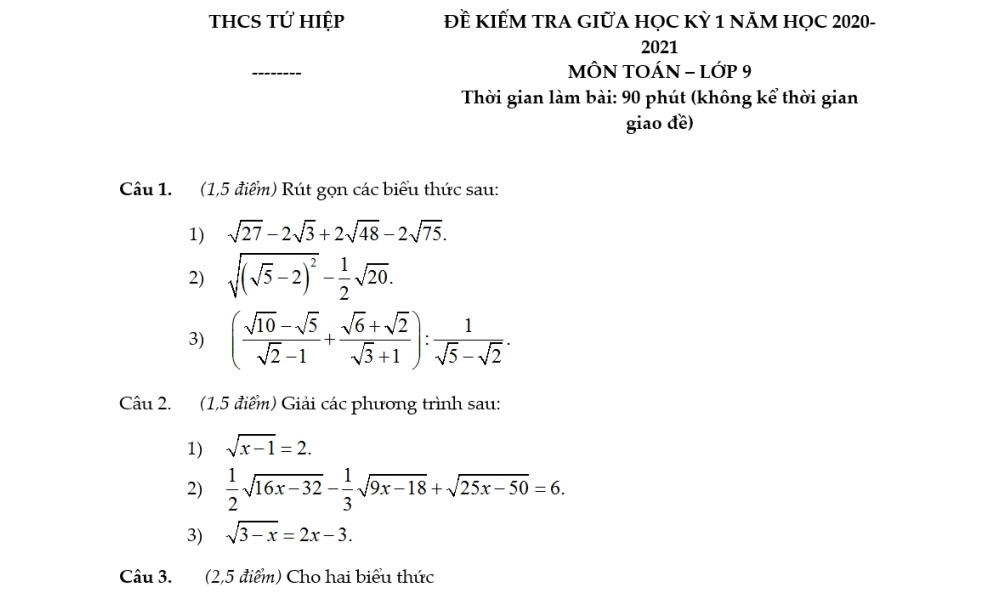 Toán 9. Đề thi giữa học kỳ 1 Trường THCS Vạn Phúc năm học 2021-2022